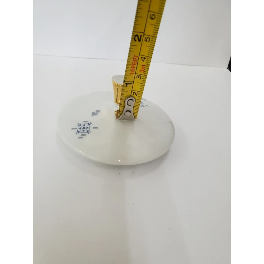 Vintage White Ceramic Replacement Lid Blue Silver Geometric Gold Finial 3.25in